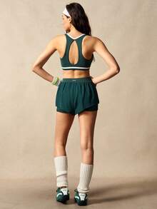 VARSIVA Women's Contrast Color Pleated Sports Bra And Double-Layer Shorts Set - Green - View 8