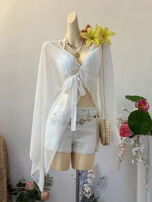 SuriyaCove 女士夏季沙滩度假系带长衬衫 - 白色 - 查看 6