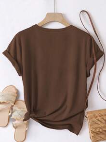 EMERY ROSE 大码女式休闲向日葵豹纹短袖圆领T恤 - 棕色 - 查看 2