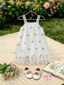 Souflis Souflis 法式新款女童白色碎花田园可爱吊带网纱连衣裙，适合度假、外出、夏季穿着 - 白色 - 查看 4