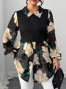 SHEIN Elenzya Plus Size Women Floral Print Ruched Casual Versatile Daily Wear Long Sleeve Top - Multicolor - View 5