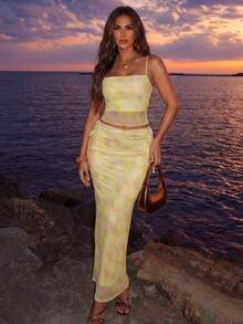 Allurite Women's Vacation Sexy Halter Top & Long Skirt 2 Pieces Set Yellow Skirt Set Yellow Two Piece Set Summer Two Piece Set Beach Two Piece Set Sheinus Maxi Skirt Two Piece Set Yellow Night Out - Yellow - View 3