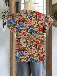 EMERY ROSE 大码女式休闲优雅度假风印花圆领双层荷叶袖宽松衬衫；女式夏季服装；女式度假装；女式夏季服装 - 彩色 - 查看 6