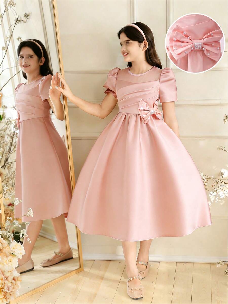 SHEIN Vestido de niña preadolescente con parches de malla, decoración de perlas y lazo - Rosa - Ver 1