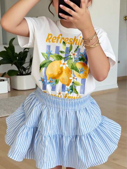 SHEIN Cute Vacation Bow Lemon Print, Ballet Print, Blue Striped Fresh, Y2K, Chill, Young Girl Casual Minimalist Round Neck Short Sleeve T-Shirt Suitable For Summer, Cute Summer Outfits For , Summer Kids Items, Summer Outing Items, Korean Style, Easy Comfort, Stylish Kids, Kawaii, Party, Everyday, Vacation, Cute, Comfy, Summer 2026, Cottagecore, Weekend Casual, Family Outing, Photoshoot Outfits, Chill Chill, Baby & Kids Graphic Tops
