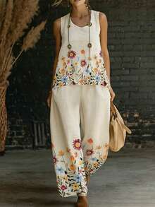 EMERY ROSE Women's Floral Print V-Neck Camisole And Wide Leg Pants Casual 2-Piece Set - Multicolor - View 4