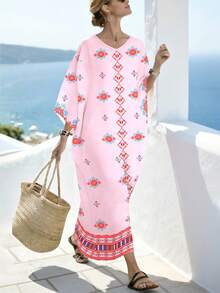 SHEIN Najma Áo choàng dài tay cánh dơi cổ chữ V phối họa tiết vỏ sò in kỹ thuật số, kiểu dáng rộng rãi cho nữ, họa tiết hoa lá, thích hợp cho mùa xuân/hè. - Nhiều màu - Xem 6