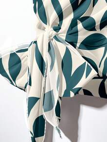 SHEIN Clasi 休闲复古优雅通勤百搭暖杏绿花卉印花图案，适合秋冬季节穿着。舒适宽松的圆领短袖衬衫配蝴蝶结和直筒裤两件套。 - 彩色 - 查看 3