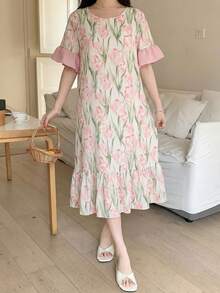 SHEIN 女童郁金香花朵图案宽松舒适圆领荷叶边下摆短袖睡裙，适合日常穿着，居家及户外活动，适合青少年女孩。 - 彩色 - 查看 6