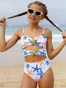 Traje de baño de una pieza con recortes y estampado de estrella de mar para niña preadolescente - Multicolor - Ver 1