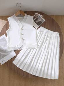 French Preppy Style Collar Neck Plain Polyester Co-Ord - White - View 4