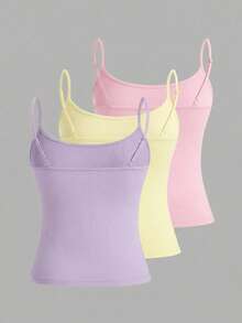 SHEIN EZwear Bộ 3 áo hai dây dáng ngắn cho nữ, áo tank top ôm sát gợi cảm cho mùa hè, màu hồng/vàng/tím. - Nhiều màu - Xem 2