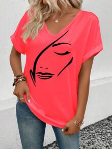 Selamara Áo thun nữ tay ngắn cổ chữ V in họa tiết trừu tượng, kiểu dáng thường ngày, đa năng, bán chạy nhất, hàng mới về. - Đỏ - Xem 5