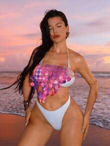 Swim Vcay Shiny Tassel Sequin Bikini Cover Up, Beach Party Music Festival - Gold - View 3