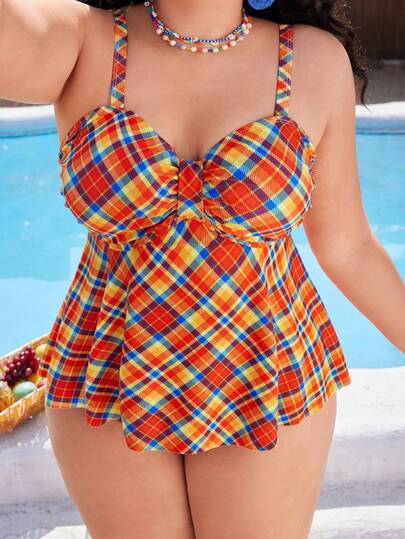Swim Mod Plus Size Tankini Swimsuit Set, Plaid Print High Waist Ruched Shorts, Vacation Beach Swimwear