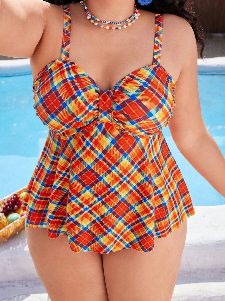Swim Mod Bộ đồ bơi Tankini cỡ lớn, quần short cạp cao xếp ly in họa tiết kẻ caro, đồ bơi đi biển cho kỳ nghỉ. - Nhiều màu - Xem 1