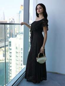 Modelyn Women's Elegant Asymmetrical Shoulder Long Dress For Party - Black - View 7