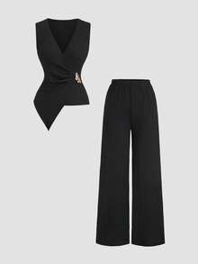 Sweetra Conjunto feminino casual com blusa assimétrica e calça com fivela metálica, ideal para o dia a dia na primavera/verão. - Preto - Ver 1