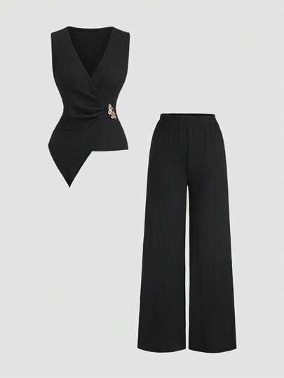 Sweetra Women's Asymmetric Metal Buckle Decor Top And Casual Pants Set, Suitable For Spring/Summer Daily Commute