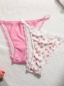 3pcs Lace Patchwork Floral Print Women's Briefs - Multicolor - View 3