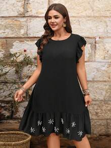 Cravure Plus Size Women Casual Ruffle Hem Short Dress With Flutter Sleeves Gym Brown Summer - Black - View 5