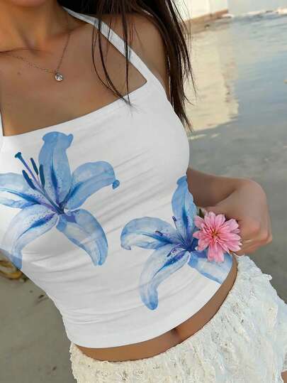 Aloruh Vacation Halter Tie-Dye Blue Lily Flower Print Fitted Halter Top - Versatile Sporty Chic Summer Beach Vacation Outfit For Hawaii Trip, Spring Break, Music Festivals, Tropical Island Wedding, Anniversa