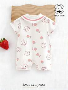 SHEIN Bộ đồ liền thân cho bé gái thời trang xuân/hè 2026 mới, chất liệu cotton mềm mại, in hình dâu tây hoạt hình, kiểu công chúa, thích hợp mặc hàng ngày và đi nghỉ mát, dễ dàng mặc vào/cởi ra bằng nút bấm. - Nhiều màu - Xem 2