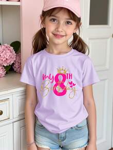 SHEIN GraphicGems Cute Girl's "My 8th Birthday" Sequin Crown & Heart Print T-Shirt,Lavender Summer Purple Birthday Party Round Neck Short Sleeve Top For Tween,Concert - Purple - View 3