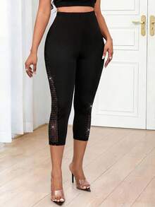 SHEIN Lady 女士休闲水钻撞色网眼七分短裤 - 黑色 - 查看 4