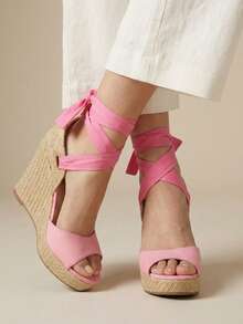 Women's Platform Sandals, Jute Wedge, Espadrille Wedge, High Espadrilles, Tie Straps, Wedge Heel, Comfortable, Casual, Boho, Summer, Women's Fashion - 粉色 - 查看 3
