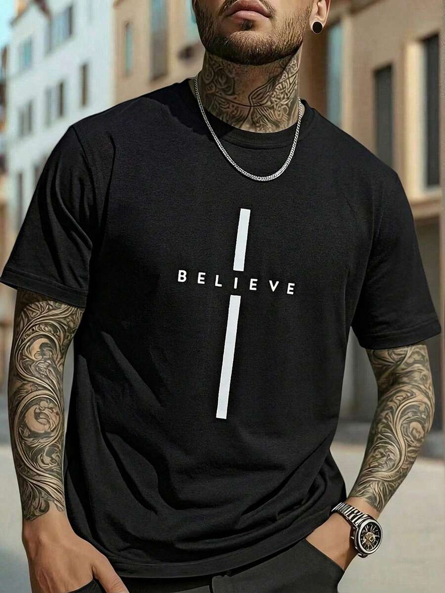 Manfinity Homme Men's Letter Print Short Sleeve Loungewear Top - Black - View 1