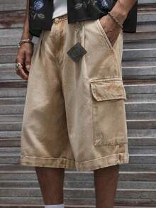 AXEPEAK Quần short denim ống rộng nam màu trơn, túi xéo, kiểu dáng thường ngày đa năng. - Cà phê nâu - Xem 9