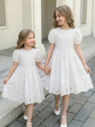 SHEIN 优雅白色花瓣袖A字连衣裙，适合大龄儿童，春夏款，刺绣装饰，适合家庭聚会、节日和日常穿着。