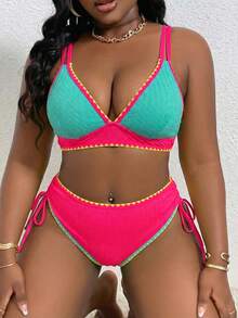 Slaydiva Women's V-Neck Ruffled Drawstring Waist Beach Resort Plus Size Swimwear Set, Spring/Summer - Multicolor - View 4