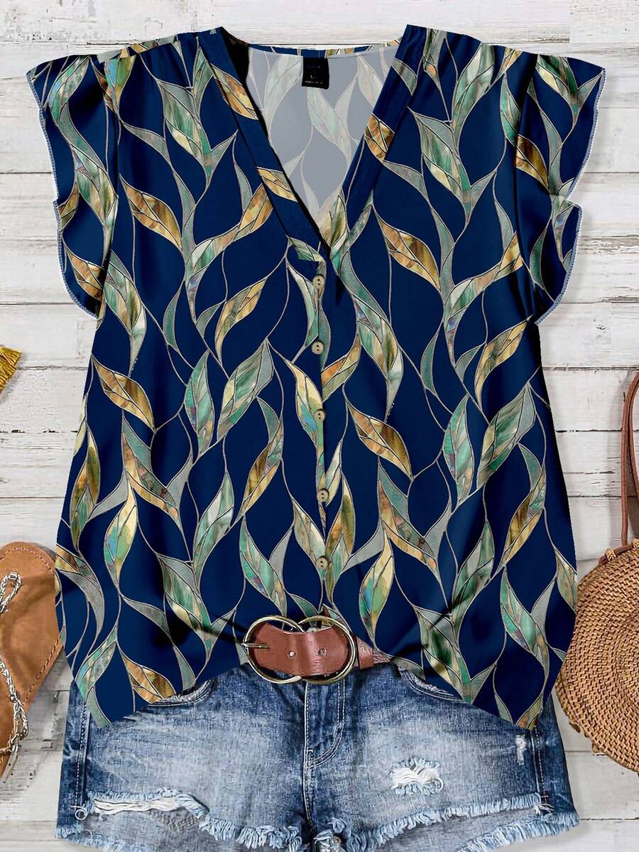 EMERY ROSE Plus Size Casual Plant Print Shirt, Suitable For Summer - Navy Blue - View 1