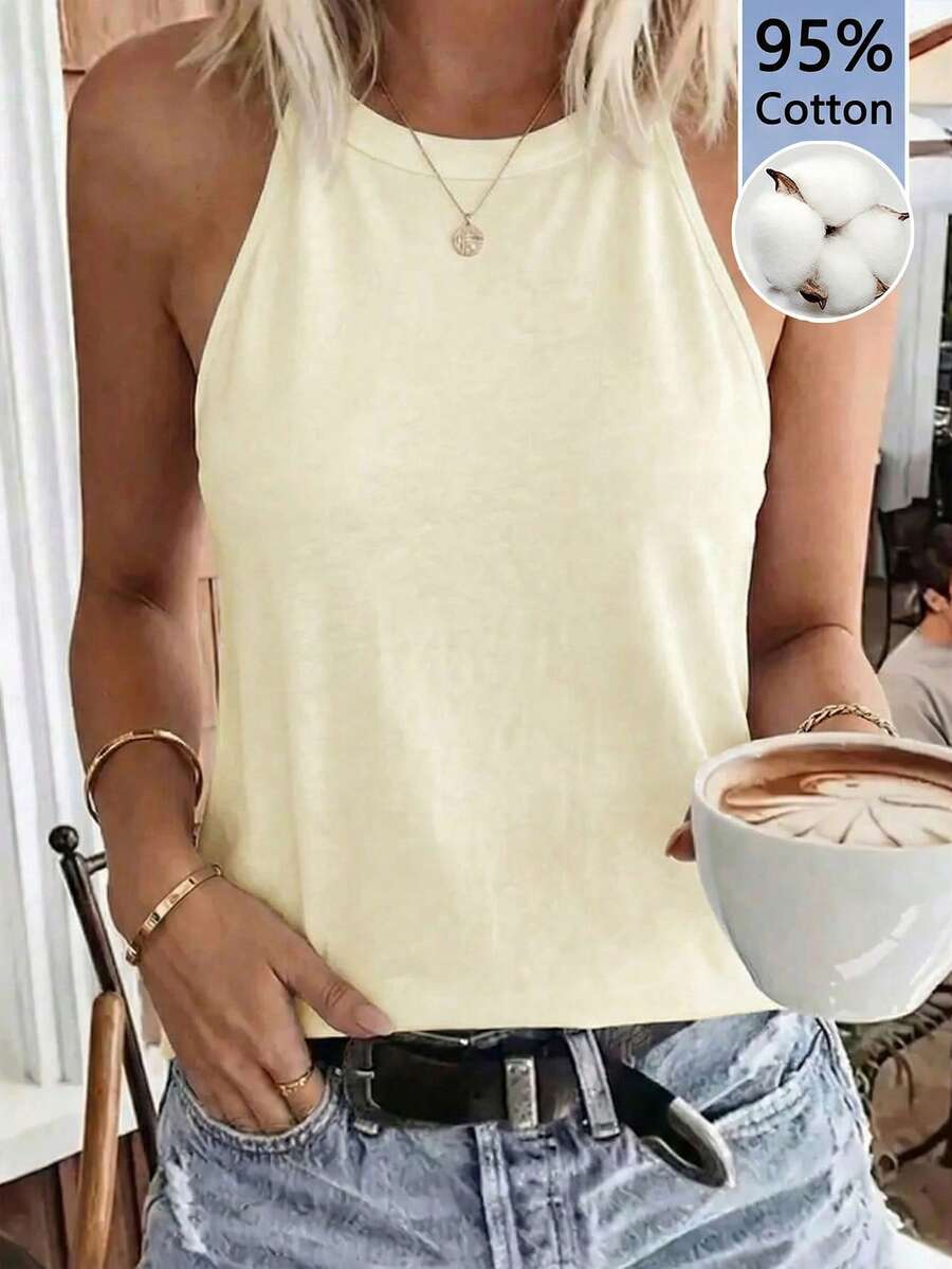 SHEIN LUNE Áo hai dây cổ yếm ôm sát, chất liệu 95% cotton, thích hợp mặc mùa hè. Áo cotton màu vàng, áo hè màu vàng, áo hai dây màu vàng, áo tank top màu vàng, áo nữ màu vàng. - Màu be - Xem 1