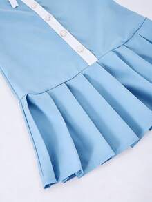 SHEIN 1件装少女夏季新款撞色领短袖褶皱设计蝴蝶结装饰简约甜美学院风连衣裙 - 藍色 - 查看 6