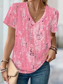 EMERY ROSE Áo thun ngắn tay cổ chữ V in họa tiết, dáng rộng, mùa hè dành cho nữ, cỡ lớn. - Nhiều màu - Xem 3