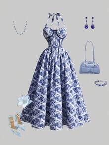 Qadelle Elegant Floral Print Backless Halter Dress, Summer - White - View 1