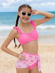 SHEIN 少女夏季沙滩纯色荷叶边吊带背心上衣和吊带泳裤套装，含迷你裙 - 粉色 - 查看 9