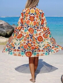 Swim Lushoire Kimono de verano para playa de estilo bohemio con estampado de malla, nudo delantero y cordón ajustable para vacaciones - Multicolor - Ver 2