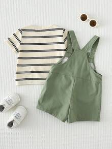 Cozy Pixies 2pcs Baby Boy Striped Pattern Knit Soft Round Neck Short Sleeve Pullover Top And Bib Shorts Set Dinosaur Clothes Baby Baby Boy Summer Overall Outfits Baby Boy Overalls Baby Boy Green Clothes Baby Clothes Outfit Set Baby Romper Cotton Baby Clothes - Multicolor - View 3