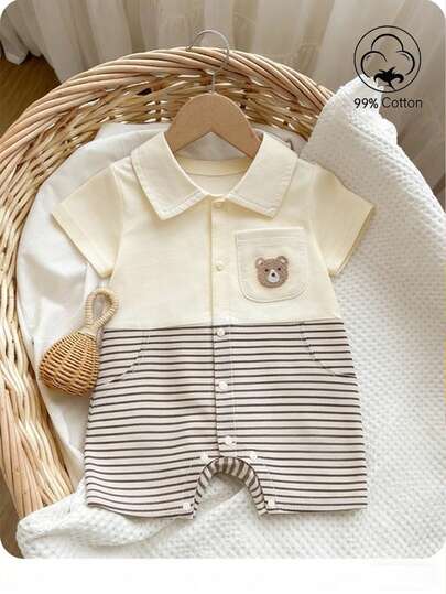 Mono de algodón suave para bebé niño recién nacido, estilo primavera/verano 2026, diseño casual diario y deportivo, estilo caballero, diseño lindo de oso, bloques de color a rayas, solapa, botones delanteros, fácil de vestir, 0-1 año