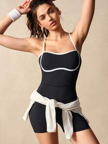 VARSIVA Backless Halter Neck Romper - Black and White - View 10