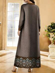 SHEIN Najma 女士标准尺码复古佩斯利花卉数码印花时尚纽扣领长袖连衣裙 - 彩色 - 查看 2