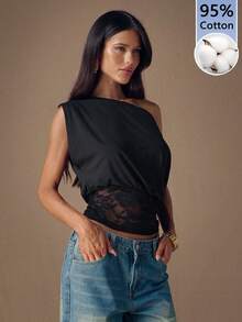 SHEIN BAE 女士95%棉黑色针织蕾丝拼接斜肩上衣 - 复古优雅风格，适合西部风情节日、母亲节礼物、春夏海滨度假、春假、婚礼、城市旅行、邮轮和波西米亚音乐节等场合 - 彩色 - 查看 6