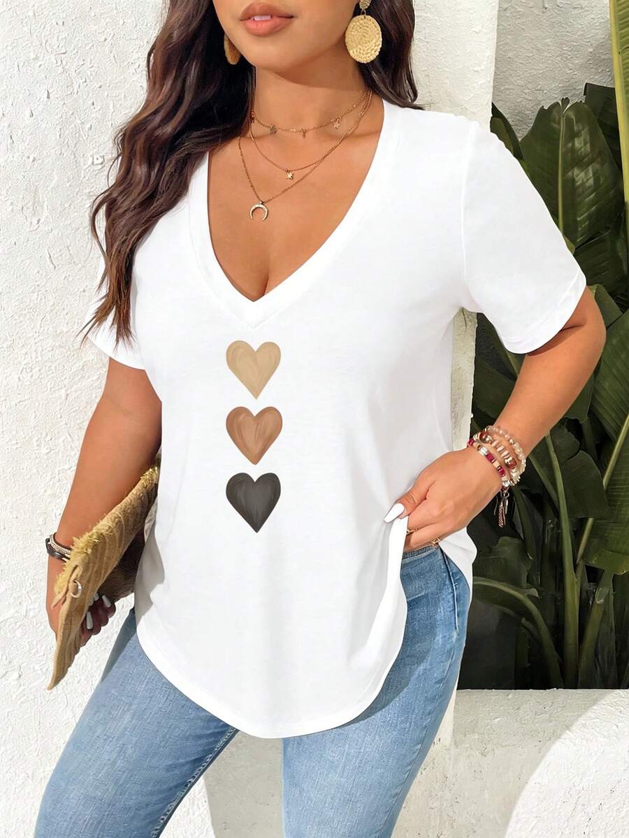 SHEIN Frenchy Camiseta de manga corta con estampado de corazón, de talla grande y estilo casual de verano - Blanco - Ver 1