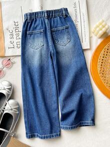 SHEIN Genkimix Kids Quần jeans ống đứng denim màu xanh nhạt, tối giản, đính đá, dành cho bé gái (size nhỏ). - Màu xanh lam - Xem 4