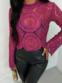 SHEIN Allurite 女士优雅高领水溶性花卉图案薄纱衬衫 - 玫紅色 - 查看 2