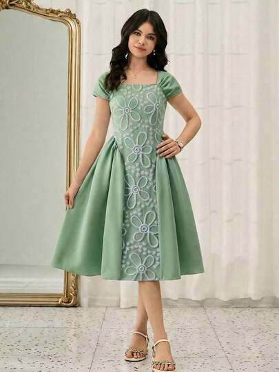 SHEIN Teenage Square Neck Short Sleeve Lace Textured Waist Cinching Dress, Elegant & For Wedding, Party, Gathering